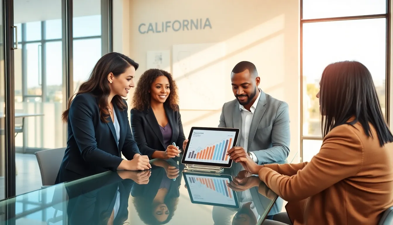 diverse real estate team discussing California housing market trends.